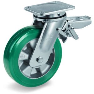 Green Elastic Polyurethane Tyre Bonded to Aluminium Centre, Electro Welded Swivel Top Plate Castor with Brake, EE MHD Duty