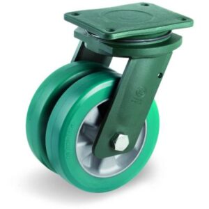 Green Elastic Polyurethane Tyre Bonded to Aluminium Centre, Electro Welded Swivel Top Plate Castor, EEG HD Duty