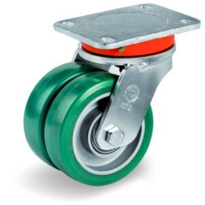 Green Elastic Polyurethane Tyre Bonded to Aluminium Centre, Electro Welded Swivel Top Plate Castor, EEG MHD Duty