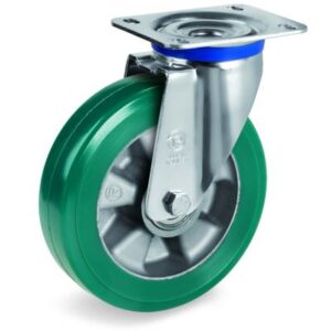 Green Elastic Polyurethane Tyre Bonded to Aluminium Centre, Swivel Top Plate Castor, M Duty