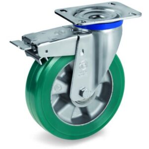 Green Elastic Polyurethane Tyre Bonded to Aluminium Centre, Swivel Top Plate Castor with Brake, M Duty