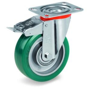 Green Elastic Polyurethane Tyre Bonded to Aluminium Centre, Swivel Top Plate Castor with Brake, NL Duty
