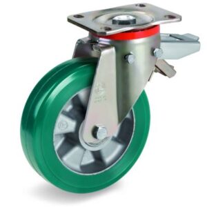 Green Elastic Polyurethane Tyre Bonded to Aluminium Centre, Swivel Top Plate Castor with Brake, P Duty