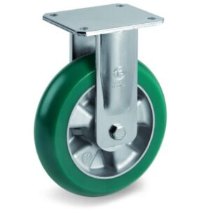 TR Roll Polyurethane Tyre with Ergonomic Round Profile Bonded to Aluminium Centre, Electro Welded Fixed Top Plate Castor, EE MHD Duty