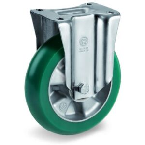 TR Roll Polyurethane Tyre with Ergonomic Round Profile Bonded to Aluminium Centre, Swivel Top Plate Castor with Brake, M Duty