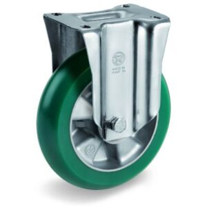 TR Roll Polyurethane Tyre with Ergonomic Round Profile Bonded to Aluminium Centre, Fixed Top Plate Castor, NL Duty
