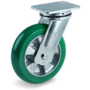 TR Roll Polyurethane Tyre with Ergonomic Round Profile Bonded to Aluminium Centre, Electro Welded Swivel Top Plate Castor, EE MHD Duty
