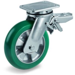 TR Roll Polyurethane Tyre with Ergonomic Round Profile Bonded to Aluminium Centre, Electro Welded Swivel Top Plate Castor with Brake, EE MHD Duty