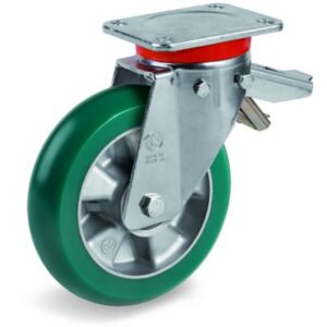 TR Roll Polyurethane Tyre with Ergonomic Round Profile Bonded to Aluminium Centre, Swivel Top Plate Castor with Brake, EP Duty