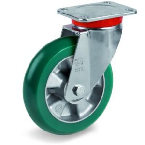 TR Roll Polyurethane Tyre with Ergonomic Round Profile Bonded to Aluminium Centre, Swivel Top Plate Castor, EP Duty