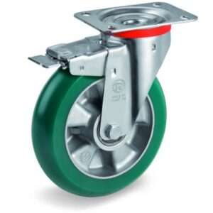 TR Roll Polyurethane Tyre with Ergonomic Round Profile Bonded to Aluminium Centre, Swivel Top Plate Castor with Brake, NL Duty