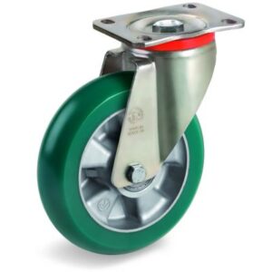 TR Roll Polyurethane Tyre with Ergonomic Round Profile Bonded to Aluminium Centre, Swivel Top Plate Castor, P Duty