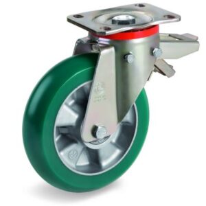 TR Roll Polyurethane Tyre with Ergonomic Round Profile Bonded to Aluminium Centre, Swivel Top Plate Castor with Brake, P Duty