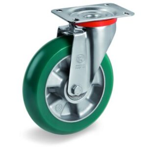 TR Roll Polyurethane Tyre with Ergonomic Round Profile Bonded to Aluminium Centre, Swivel Top Plate Castor, NL Duty