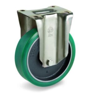 TR Roll Polyurethane Tyre with Cast Iron Centre, Fixed Top Plate Castor, PT Duty