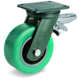 TR Roll Polyurethane Tyre with Cast Iron Centre, Electro Welded Swivel Top Plate Castor with Brake, EE HD Duty