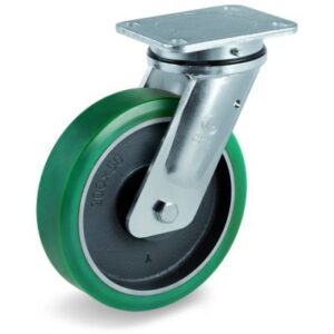 TR Roll Polyurethane Tyre with Cast Iron Centre, Electro Welded Swivel Top Plate Castor, EE MHD Duty