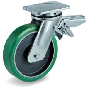 TR Roll Polyurethane Tyre with Cast Iron Centre, Electro Welded Swivel Top Plate Castor with Brake, EE MHD Duty