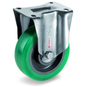 Green Elastic Soft Polyurethane Tyre with Nylon Centre, Stainless Steel Fixed Top Plate Castor, NLX duty