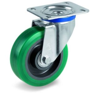 Green Elastic Soft Polyurethane Tyre with Nylon Centre, Swivel Top Plate Castor, M Duty