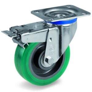 Green Elastic Soft Polyurethane Tyre with Nylon Centre, Swivel Top Plate Castor with Brake, M Duty