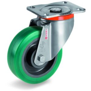 Green Elastic Soft Polyurethane Tyre with Nylon Centre, Stainless Steel Swivel Top Plate Castor, NLX duty