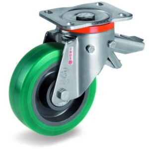 Green Elastic Soft Polyurethane Tyre with Nylon Centre, Stainless Steel Swivel Top Plate Castor with Brake, NLX duty