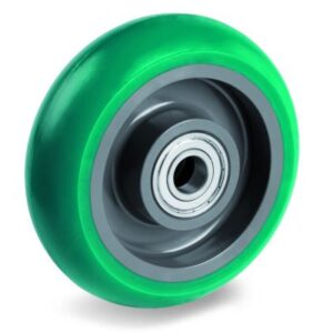 Green Elastic Soft Polyurethane Tyre with Nylon Centre, Wheel, Ball Bearing Facility