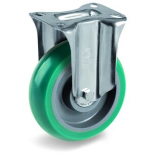 Green Elastic Soft Polyurethane Tyre with Nylon Centre, Fixed Top Plate Castor, NL Duty