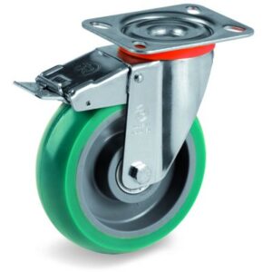 Green Elastic Soft Polyurethane Tyre with Nylon Centre, Swivel Top Plate Castor with Brake, NL Duty