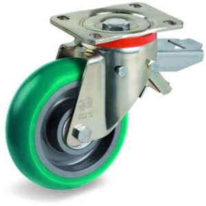 Green Elastic Soft Polyurethane Tyre with Nylon Centre, Swivel Top Plate Castor with Brake, P Duty