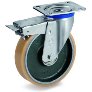 Vulkollan Tyre with Forged Steel Centre, Swivel Top Plate Castor with Brake, M Duty