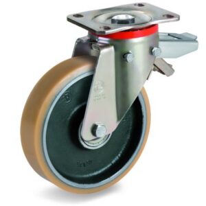 Vulkollan Tyre with Forged Steel Centre, Swivel Top Plate Castor with Brake, P Duty