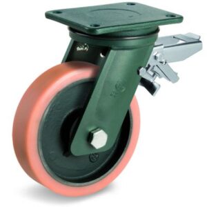 Vulkollan Tyre with Cast Iron Centre, Electro Welded Swivel Top Plate Castor with Brake, EE HD Duty
