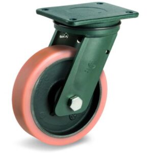 Vulkollan Tyre with Cast Iron Centre, Electro Welded Swivel Top Plate Castor, EE HD Duty
