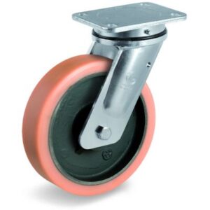 Vulkollan Tyre with Cast Iron Centre, Electro Welded Swivel Top Plate Castor, EE MHD Duty