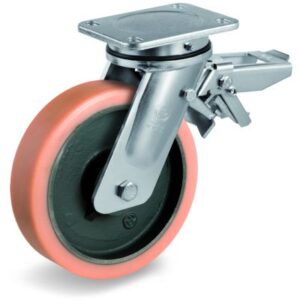Vulkollan Tyre with Cast Iron Centre, Electro Welded Swivel Top Plate Castor with Brake, EE MHD Duty