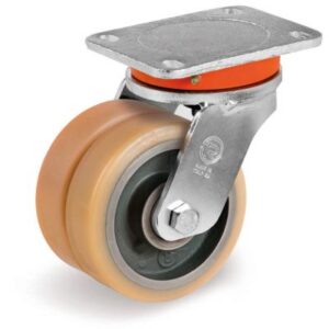 Vulkollan Tyre with Cast Iron Centre, Electro Welded Swivel Top Plate Castor with Brake, EEG MHD Duty