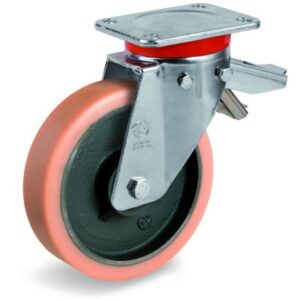 Vulkollan Tyre with Cast Iron Centre, Swivel Top Plate Castor with Brake, EP Duty