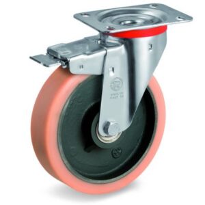 Vulkollan Tyre with Cast Iron Centre, Swivel Top Plate Castor with Brake, NL Duty