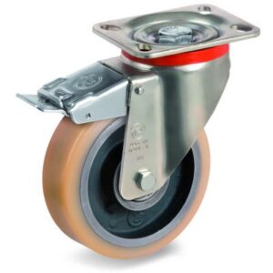 Vulkollan Tyre with Cast Iron Centre, Swivel Top Plate Castor with Brake, P Duty