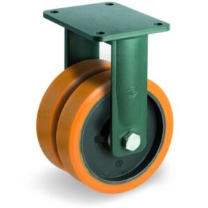 Cast Polyurethane Tyre Bonded to Cast Iron Centre, Electro Welded Twin Wheel Fixed Top Plate Castor, EEG HD Duty