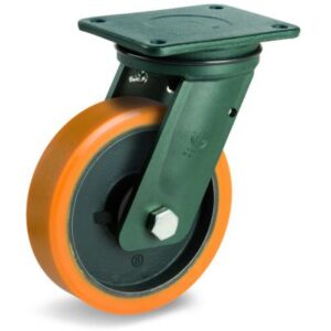 Cast Polyurethane Tyre Bonded to Cast Iron Centre, Electro Welded Swivel Top Plate Castor with Brake, EE HD Duty