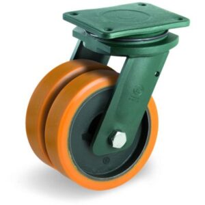 Cast Polyurethane Tyre Bonded to Cast Iron Centre, Electro Welded Twin Wheel Swivel Top Plate Castor, EE EHD Duty
