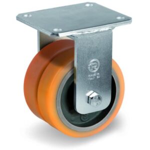 Cast Polyurethane Tyre Bonded to Cast Iron Centre, Electro Welded Twin Wheel Fixed Top Plate Castor, EEG MHD Duty