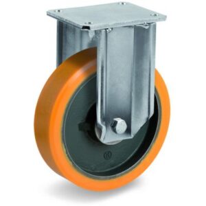 Cast Polyurethane Tyre Bonded to Cast Iron Centre, Fixed Top Plate Castor, EP Duty