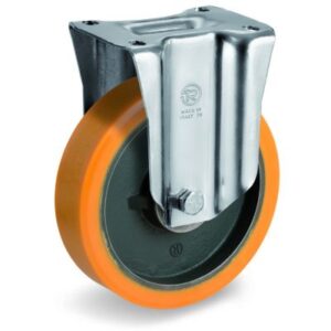 Cast Polyurethane Tyre Bonded to Cast Iron Centre, Fixed Top Plate Castor, M Duty