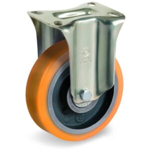 Cast Polyurethane Tyre Bonded to Cast Iron Centre, Fixed Top Plate Castor, PT Duty
