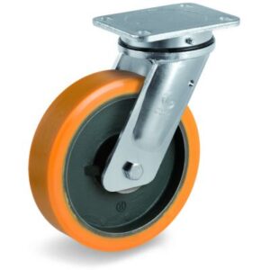 Cast Polyurethane Tyre Bonded to Cast Iron Centre, Electro Welded Swivel Top Plate Castor, EE MHD Duty