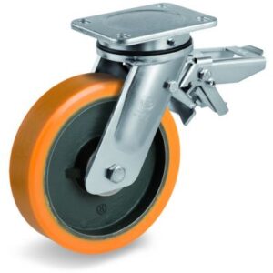 Cast Polyurethane Tyre Bonded to Cast Iron Centre, Electro Welded Swivel Top Plate Castor with Brake, EE MHD Duty